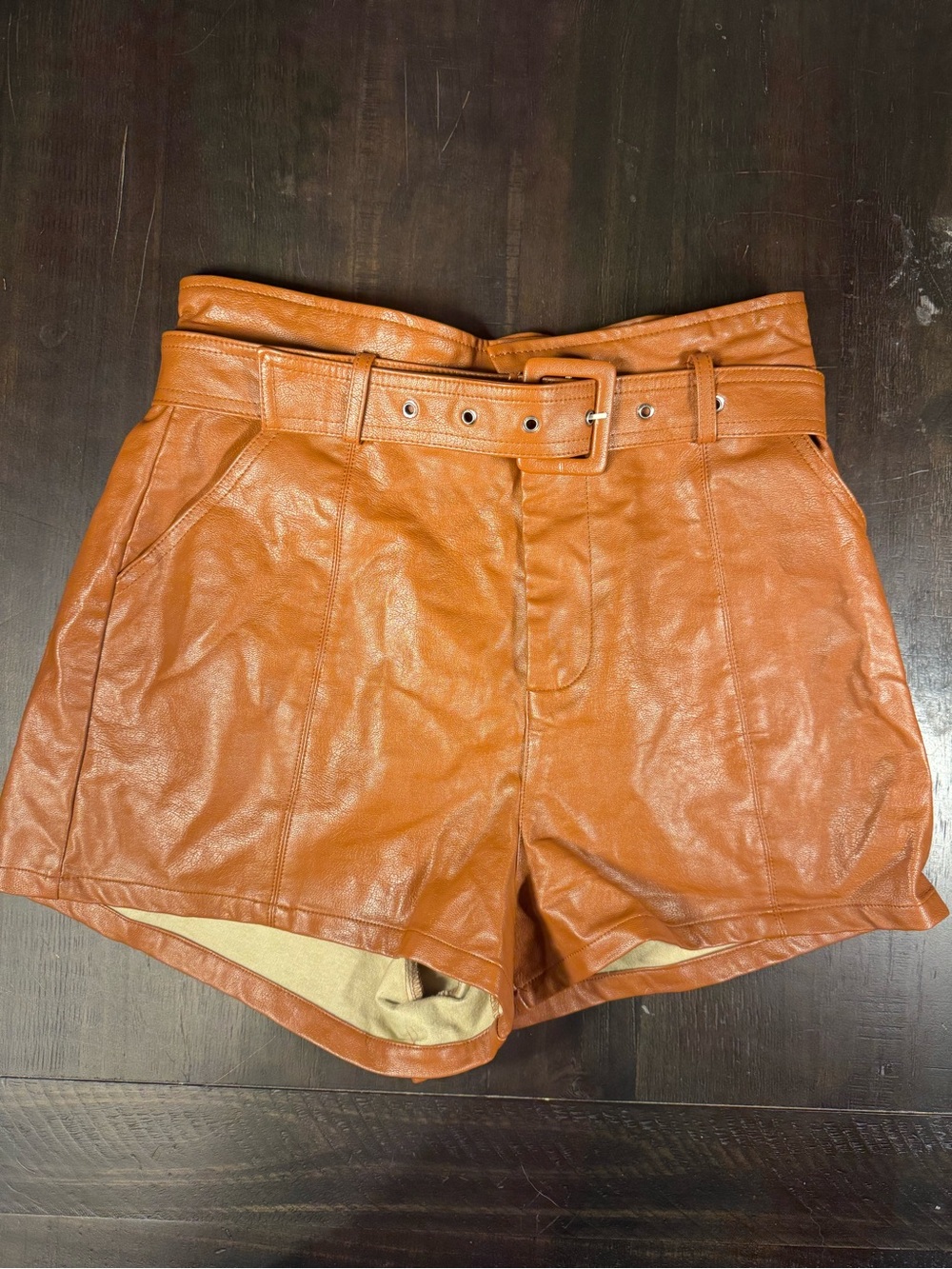 Altar’d State High-Waist Faux Leather Belted Shorts in Cognac